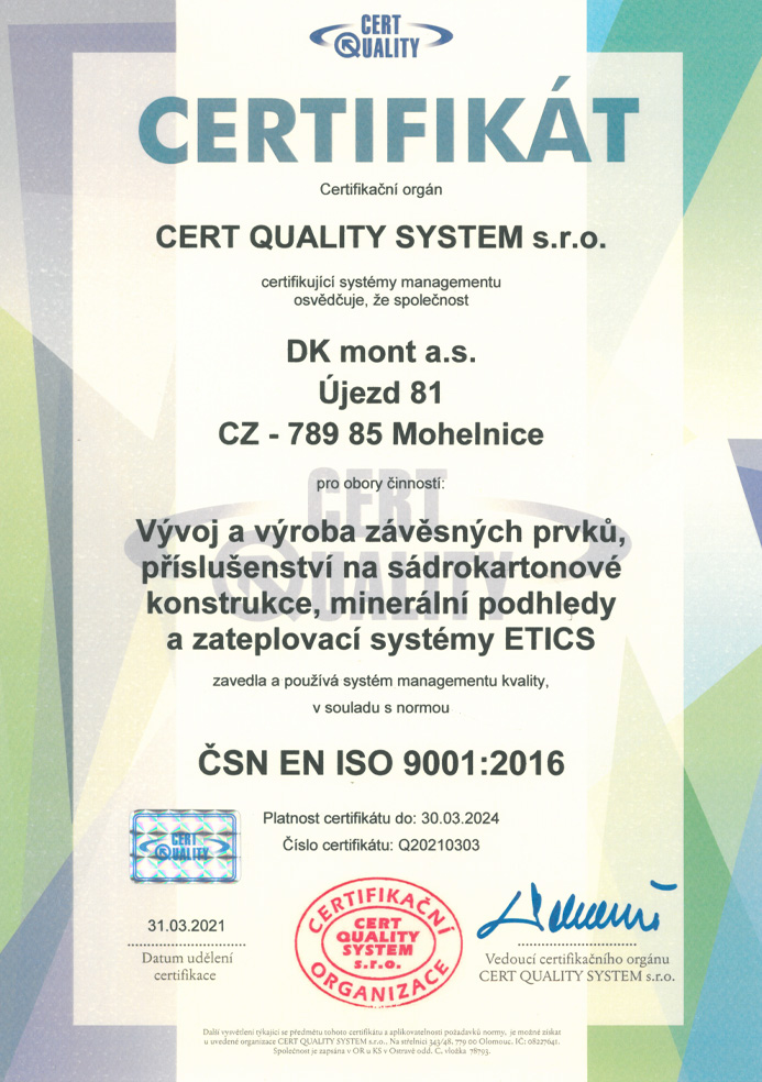 ČSN EN ISO 9001:2016 ČSN EN ISO/IEC 27001:2014